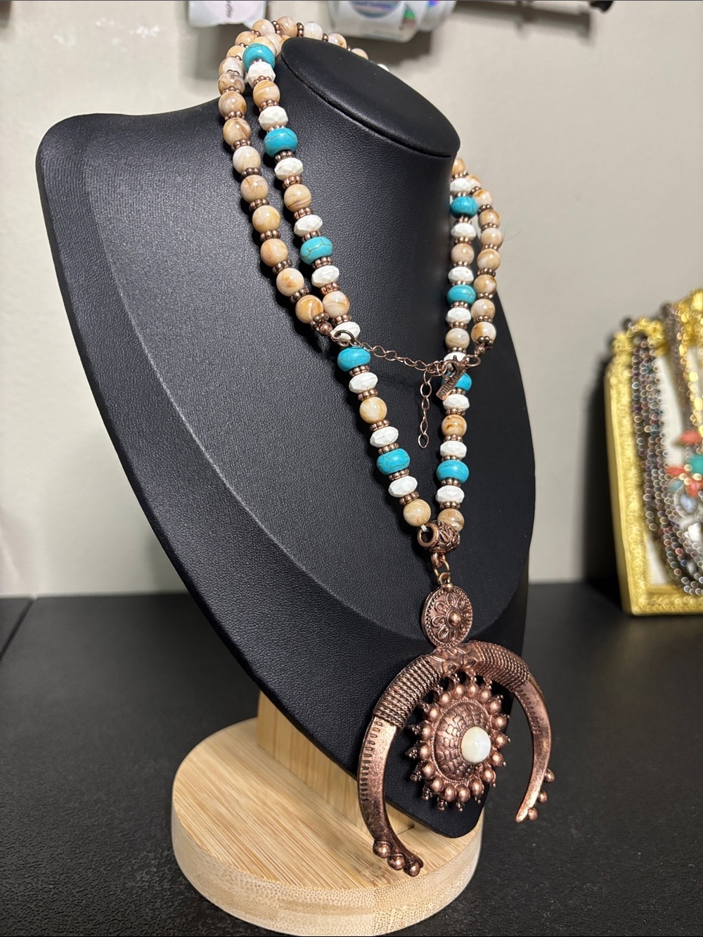 Shyanne Bohemian Turquoise & Cream Beaded Pendant Western Statement Necklace - Picture 2 of 7